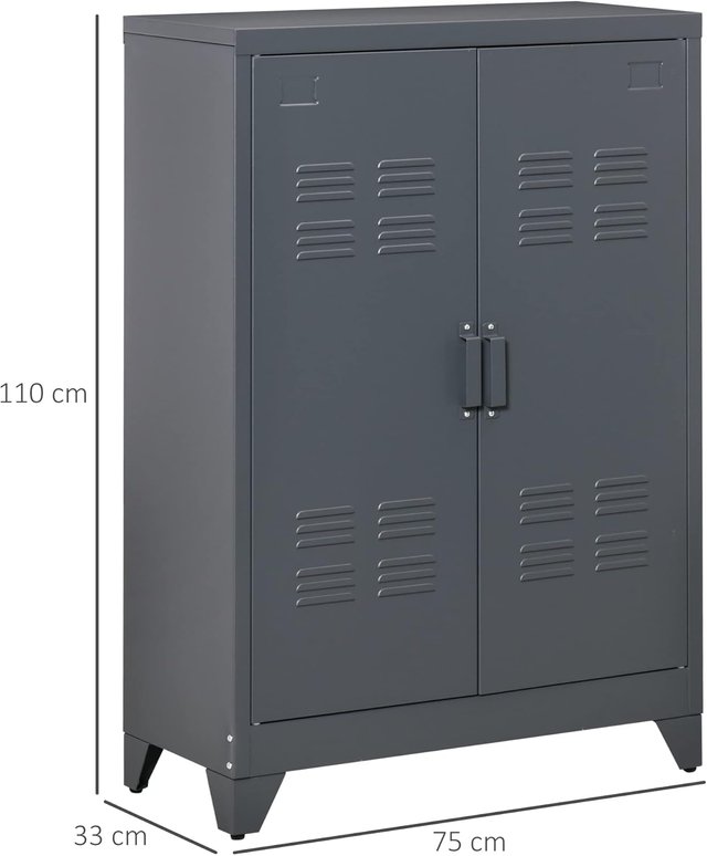 Gabinete de Oficina de 3 Níveis com 2 Prateleiras Ajustáveis, Armário de Metal para Documentos com 2 Portas, para Casa, Escritório e Garagem, 75X33X110Cm, Cinza