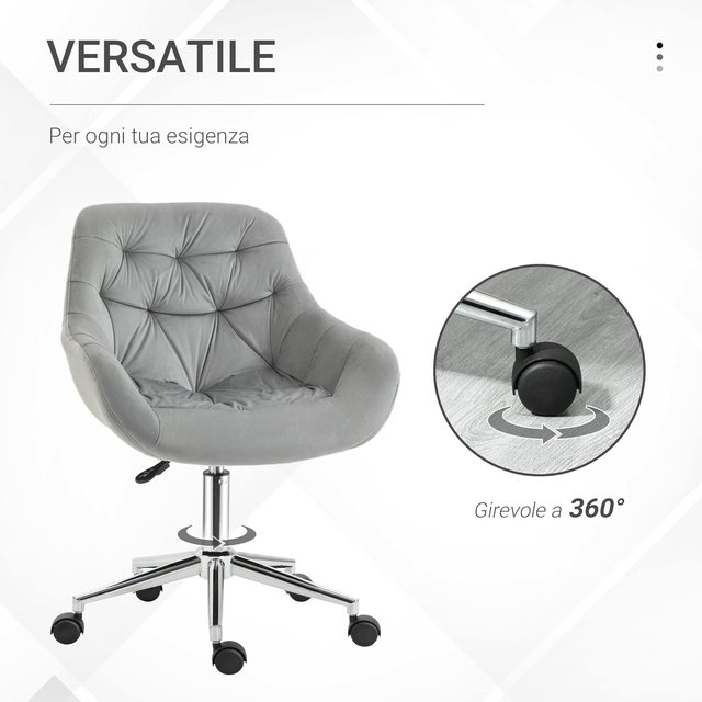 Cadeira de Escritório Ergonômica Giratória com Altura Ajustável e Rodas, Estofada em Veludo, 59X58X80-90Cm, Cinza