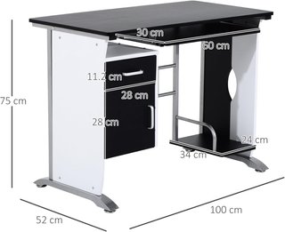 Scrivania per Computer 100X52X75 Cm in MDF e Metallo, Scrivania PC con Mensola per Tastiera, Armadio e Cassetto, Bianco e Nero