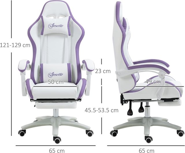 Cadeira de Gaming Ergonômica de Couro PU e Aço com Encosto Ajustável e Altura Regulável, Cadeira de Gaming com Encosto Reclinável e Almofada Lombar, 65X65X121-129 Cm, Branco e Violeta