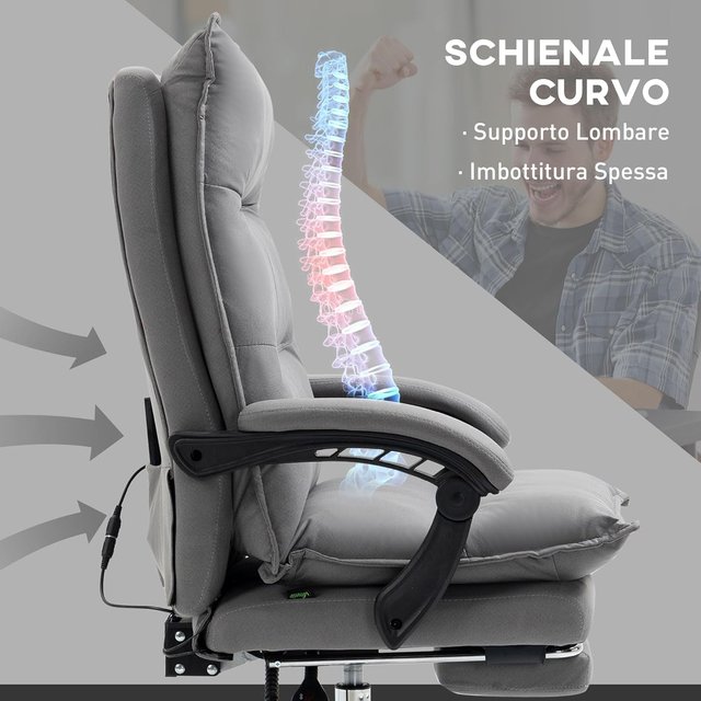 Cadeira de Escritório Massageadora 6 Pontos Vibrante, Aquecida e Apoio para os Pés, Cadeira de Escritório Reclinável com Encosto Acolchoado em Couro Respirável com Balanço, Controle Remoto, Altura Ajustável, Cinza