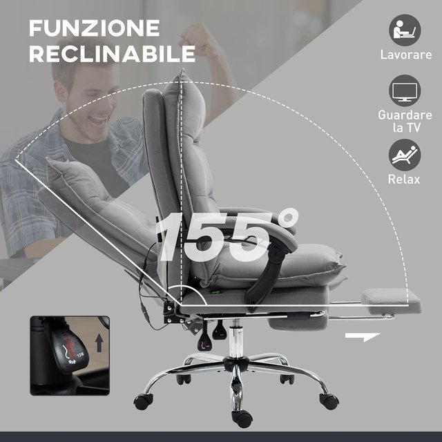 Cadeira de Escritório Massageadora 6 Pontos Vibrante, Aquecida e Apoio para os Pés, Cadeira de Escritório Reclinável com Encosto Acolchoado em Couro Respirável com Balanço, Controle Remoto, Altura Ajustável, Cinza