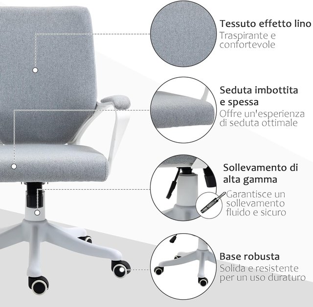 Cadeira de Escritório Ergonômica com Altura Ajustável, Cadeira de Escritório Acolchoada Giratória 360° e Função de Balanço, em Tecido Efeito Linho Transpirável, para Estudo, Cinza