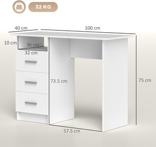 Scrivania Moderna Salvaspazio Con 3 Cassetti E Ripiano Aperto, Scrivania Con Cassetti In Legno, Per Ufficio, Studio E Camera Da Letto, 100X40X75 Cm, Bianco