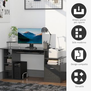 Scrivania Moderna per Computer con Cassetti, Ripiani e Tastiera Rimovibile, Scrivania da Ufficio per Casa in Legno Nero 152X60X88Cm