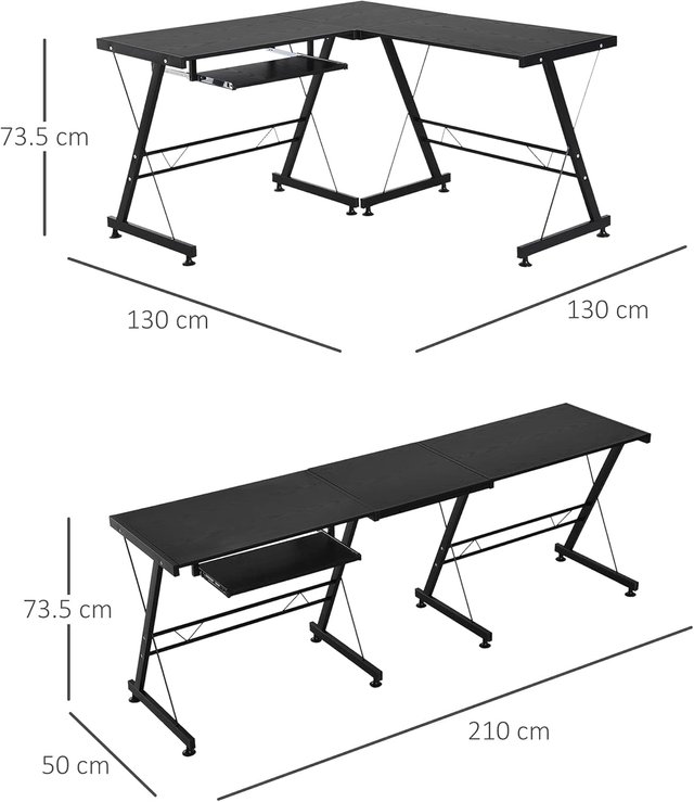 Escritório Angular Moderno Preto Reto Estação de Trabalho para Computador com Gaveta para Teclado MDF, Metal em Forma de L: 130L x 130P x 73,5A cm Reto: 210L x 50P x 73,5A cm Preto