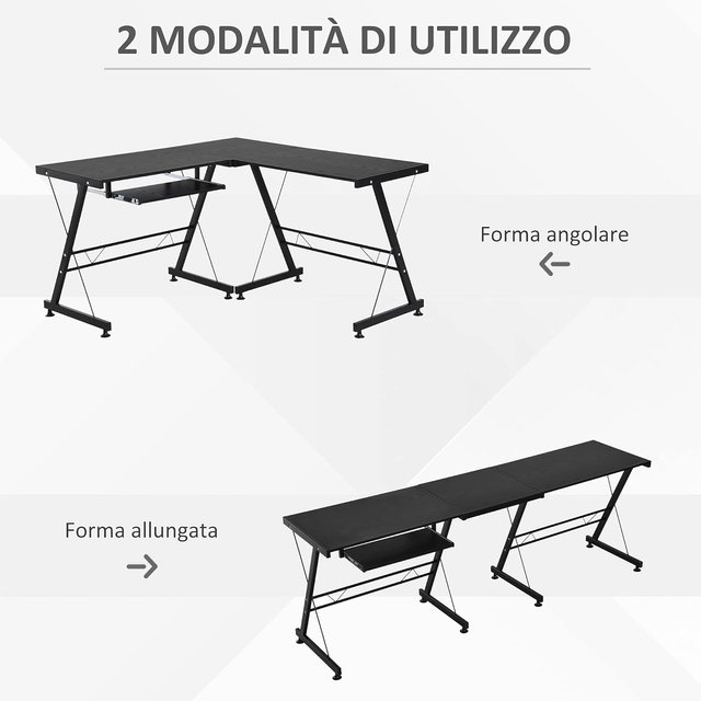 Escritório Angular Moderno Preto Reto Estação de Trabalho para Computador com Gaveta para Teclado MDF, Metal em Forma de L: 130L x 130P x 73,5A cm Reto: 210L x 50P x 73,5A cm Preto