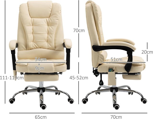 Poltrona Massageadora Giratória e Ergonômica com Altura Ajustável e 6 Pontos Vibrantes, 65X160X104 Cm, Creme