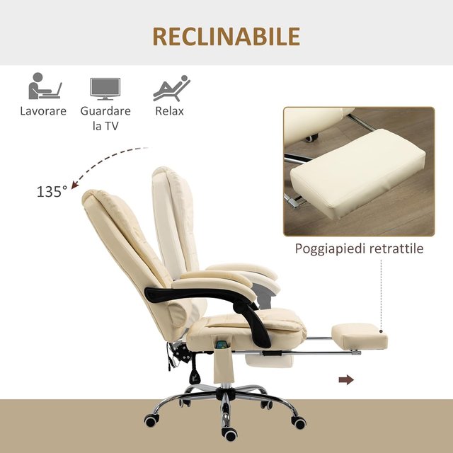 Poltrona Massageadora Giratória e Ergonômica com Altura Ajustável e 6 Pontos Vibrantes, 65X160X104 Cm, Creme