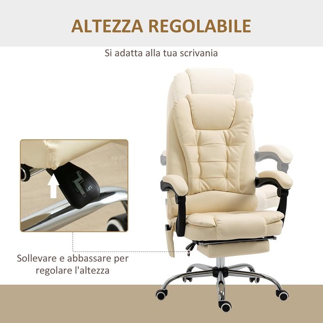 Poltrona Massageadora Giratória e Ergonômica com Altura Ajustável e 6 Pontos Vibrantes, 65X160X104 Cm, Creme
