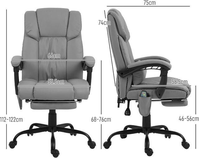Poltrona Massageadora e Reclinável com Altura Ajustável e Apoio para Pés, Poltrona Estofada em Couro Sintético e Metal, 66X75X112-122 Cm, Cinza