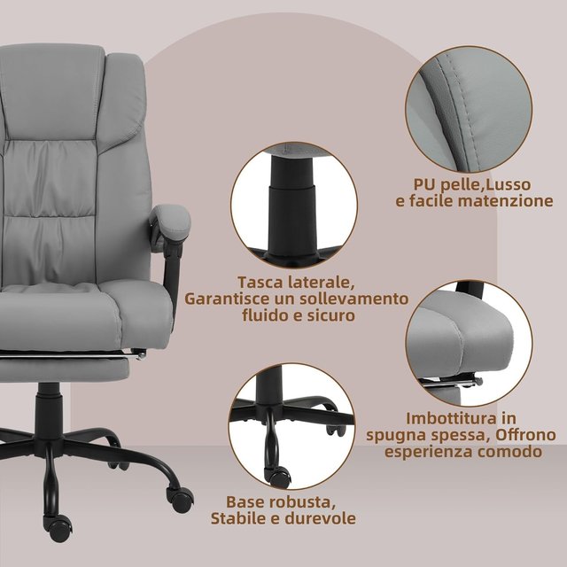 Poltrona Massageadora e Reclinável com Altura Ajustável e Apoio para Pés, Poltrona Estofada em Couro Sintético e Metal, 66X75X112-122 Cm, Cinza