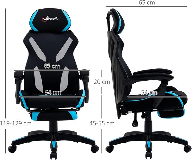 Cadeira de Gaming com Suporte Lombar, Cadeira de Escritório Ergonômica com Altura Ajustável em Tecido Preto e Azul, 65X65X119-129Cm