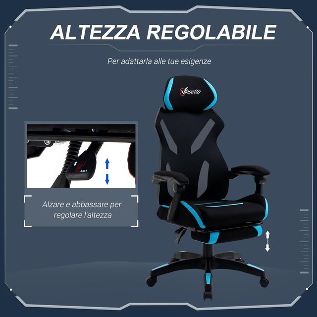 Cadeira de Gaming com Suporte Lombar, Cadeira de Escritório Ergonômica com Altura Ajustável em Tecido Preto e Azul, 65X65X119-129Cm