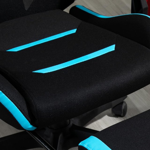 Cadeira de Gaming com Suporte Lombar, Cadeira de Escritório Ergonômica com Altura Ajustável em Tecido Preto e Azul, 65X65X119-129Cm