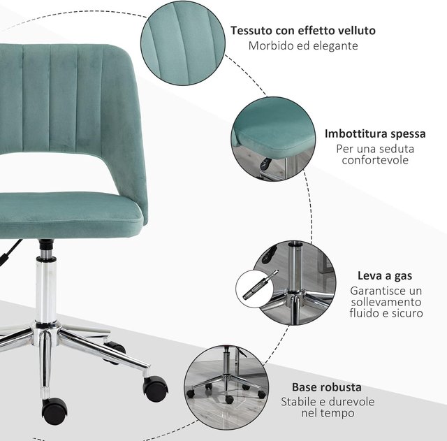 Cadeira de Escritório Ergonômica e Giratória, Cadeira Estofada com Altura Regulável, Verde Petróleo 49X60X79-91Cm