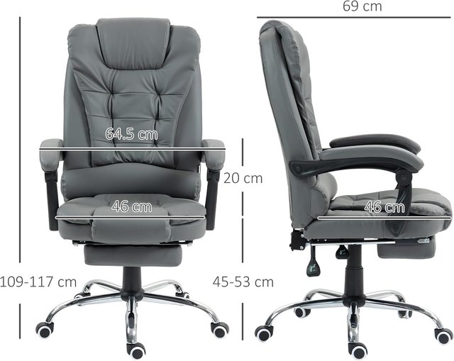 Cadeira de Escritório Ergonômica Presidencial em Couro PU, Cadeira Giratória com Encosto Alto Reclinável 145°, Altura Regulável e Apoio para Pés Removível, Cinza
