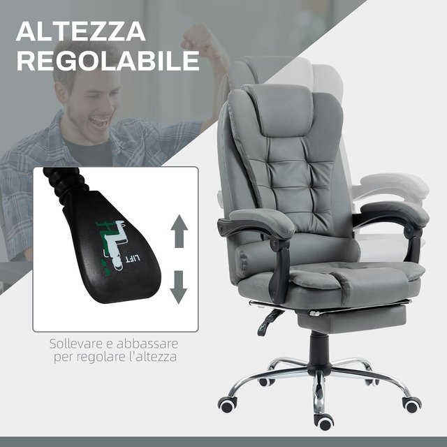 Cadeira de Escritório Ergonômica Presidencial em Couro PU, Cadeira Giratória com Encosto Alto Reclinável 145°, Altura Regulável e Apoio para Pés Removível, Cinza