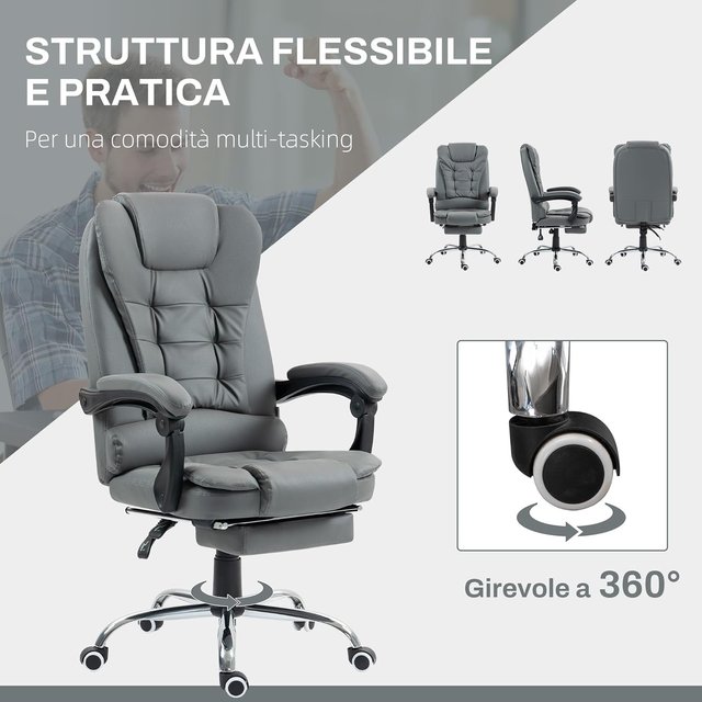 Cadeira de Escritório Ergonômica Presidencial em Couro PU, Cadeira Giratória com Encosto Alto Reclinável 145°, Altura Regulável e Apoio para Pés Removível, Cinza