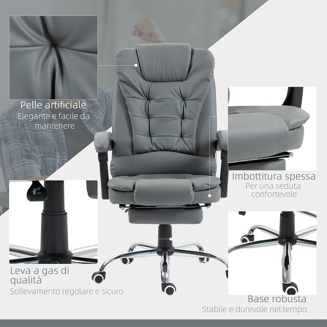 Cadeira de Escritório Ergonômica Presidencial em Couro PU, Cadeira Giratória com Encosto Alto Reclinável 145°, Altura Regulável e Apoio para Pés Removível, Cinza