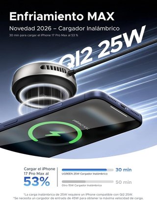 UGREEN MagFlow Pro Caricabatterie Qi2 25W con raffreddamento per iPhone