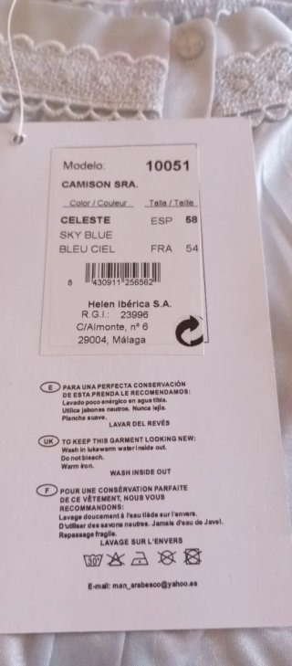 Camisón marca Arabesco, talla 58, color celeste