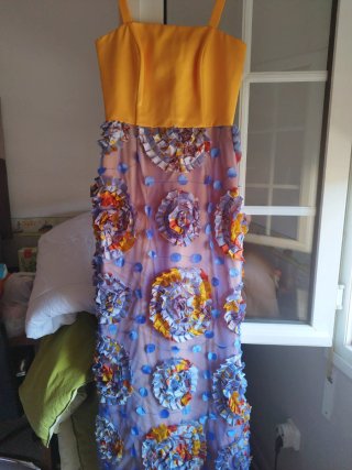 Vestido fiesta morado y amarillo