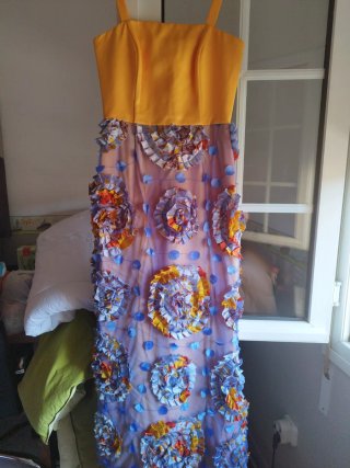 Vestido fiesta morado y amarillo
