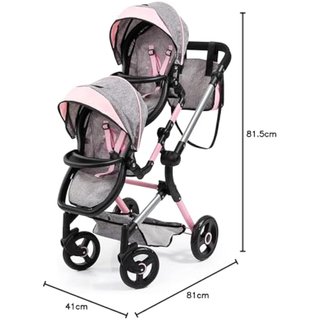 Bayer Design 26233AA Cochecito de muñeca gemelas, Carrito Paseo para muñecos, Ajustable en Altura, Plegable, con Bolsa de Bandolera, Compatible con Silla de Coche EasyGo, Gris, Rosa, Mariposa