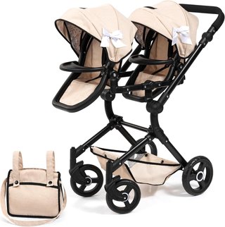 Bayer Design 26233AA Cochecito de muñeca gemelas, Carrito Paseo para muñecos, Ajustable en Altura, Plegable, con Bolsa de Bandolera, Compatible con Silla de Coche EasyGo, Gris, Rosa, Mariposa