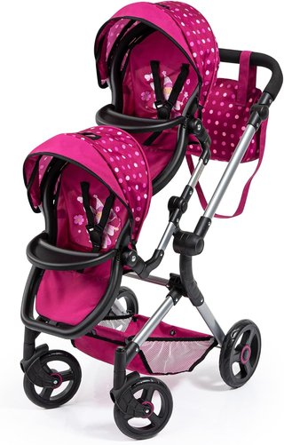 Bayer Design 26233AA Cochecito de muñeca gemelas, Carrito Paseo para muñecos, Ajustable en Altura, Plegable, con Bolsa de Bandolera, Compatible con Silla de Coche EasyGo, Gris, Rosa, Mariposa