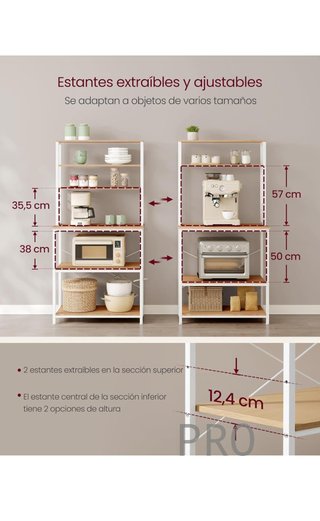 Estante de cocina VASAGLE, estante de panadería, 6 estantes y 6 ganchos
