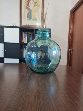 Garrafa vidrio turquesa soplado boca ancha vintage