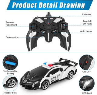 Transformer Coche Teledirigido Robot ,policia negro, 2,4 GHz Juguete Transformador con Baterías para 4-9 Años