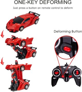 Auto de control remoto transformable rojo, 2 en 1, robot de deformación con un solo clic para niños de 3, 4, 5, 6 años o más, rotación recargable de 360° con luz, regalos de cumpleaños para niñas