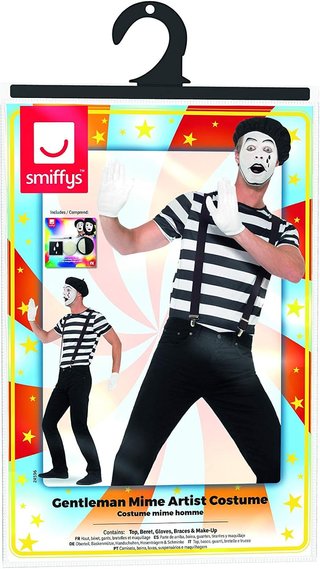 Smiffys Disfraz Mimo Nuevo (talla L), Smiffys Adult men's Gentleman Mime Artist Costume, Top, Beret, Gloves, Braces and Make-Up, Funny Side, Serious Fun