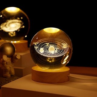 Bola de cristal 3D 6cm 360gr (sistema solar) Bola de cristal 3D, luz nocturna, astronomía, lámpara LED con base de madera, carga USB, regalo de cumpleaños