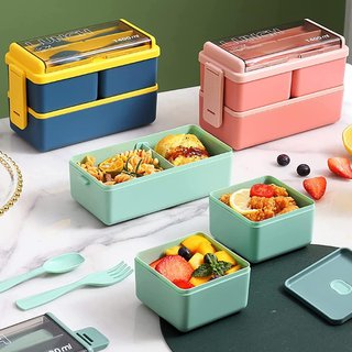 Lonchera Infantil Lychico (verde)ca Bento con tenedor de cuchara, apilable, 2 capas, 3 compartimentos, a prueba de fugas, NUEVO , azul