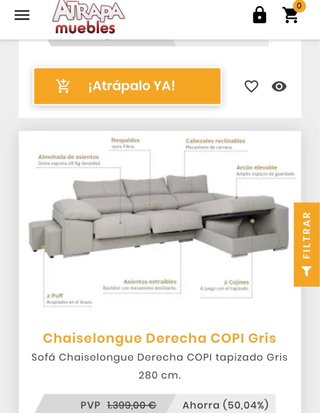 Sofá Chaiselongue beige 280cm Tela melocotón
