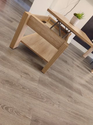 Mesa de centro de madera con halcón