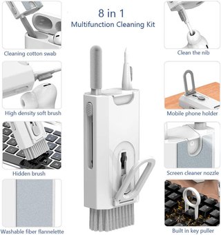 Desikixudy Kit de cepillo limpiador de teclado de computadora 8 en 1, bolígrafo de limpieza de auriculares para auriculares, herramientas de limpieza de teléfono, color blanco