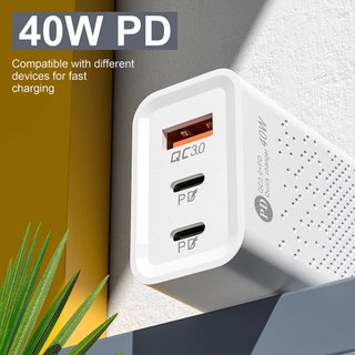Petaca PD QC3.0 40W 2xTIPO-C + 1xUSB, Cargador USB tipo C de carga rápida, adaptador de corriente para teléfono móvil, Samsung, Xiaomi, iPhone, QC3.0, 60W, 3 puertos PD, 40W