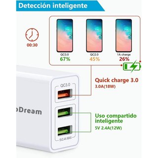 Cargador rapido DeepDream USB 3.0 30W ,3 Puertos, Móvil BLANCO