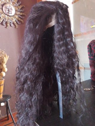 Peluca Oncológica Negra Larga fibra alta calidad!