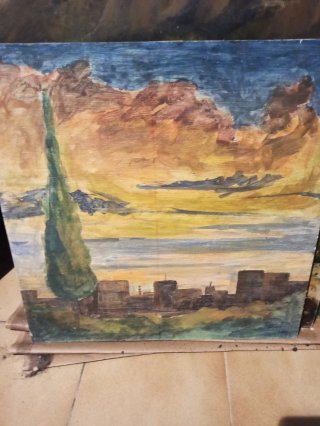 Pintura paisaje atardecer ciudad