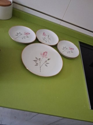 1 Plato porcelana borde rosa 24cm y 6 de 16 cm