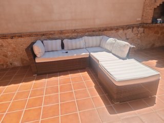 Divano modulare esterno in rattan grigio e blu