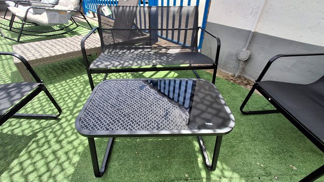 Conjunto terraza negro + mesa cristal
