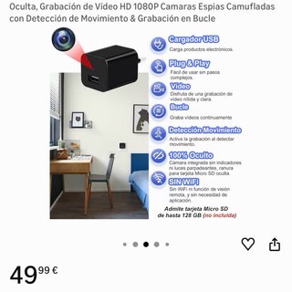Mini Cámara Espía TANGMI Cargador USB HD 1080P