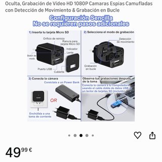 Mini Cámara Espía TANGMI Cargador USB HD 1080P
